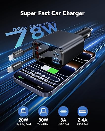 2026 Updated 78W Retractable Car Charger